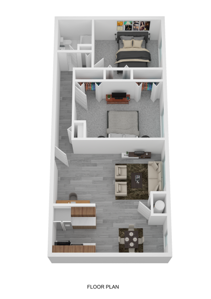 Floor plan for 2 beds, 1 bath, 843 sqft
